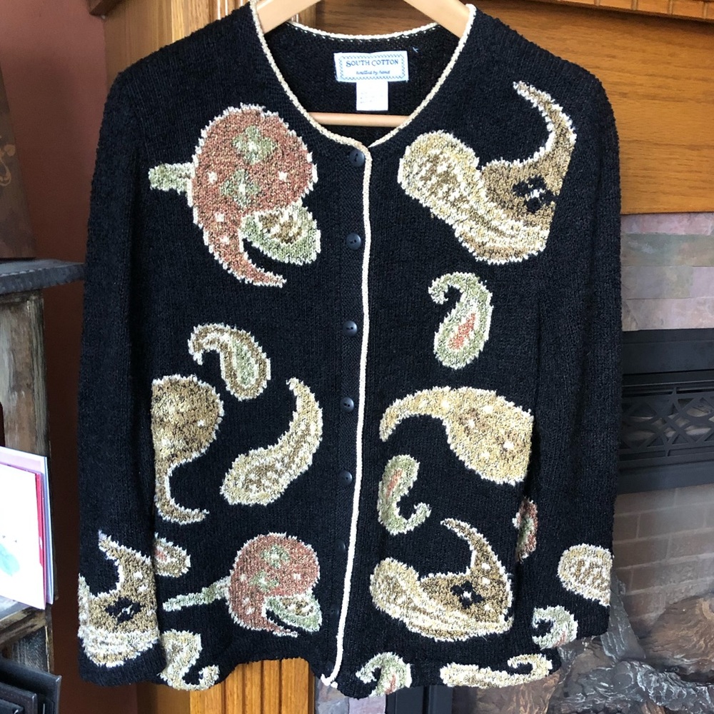 Vintage South Cotton Hand Knit Paisley Cardigan Sweater Black Gold Large Art to